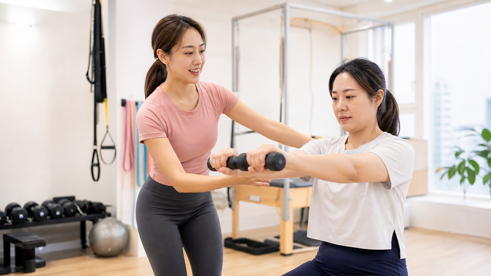 女性教練耐心指導學員進行基礎力量訓練