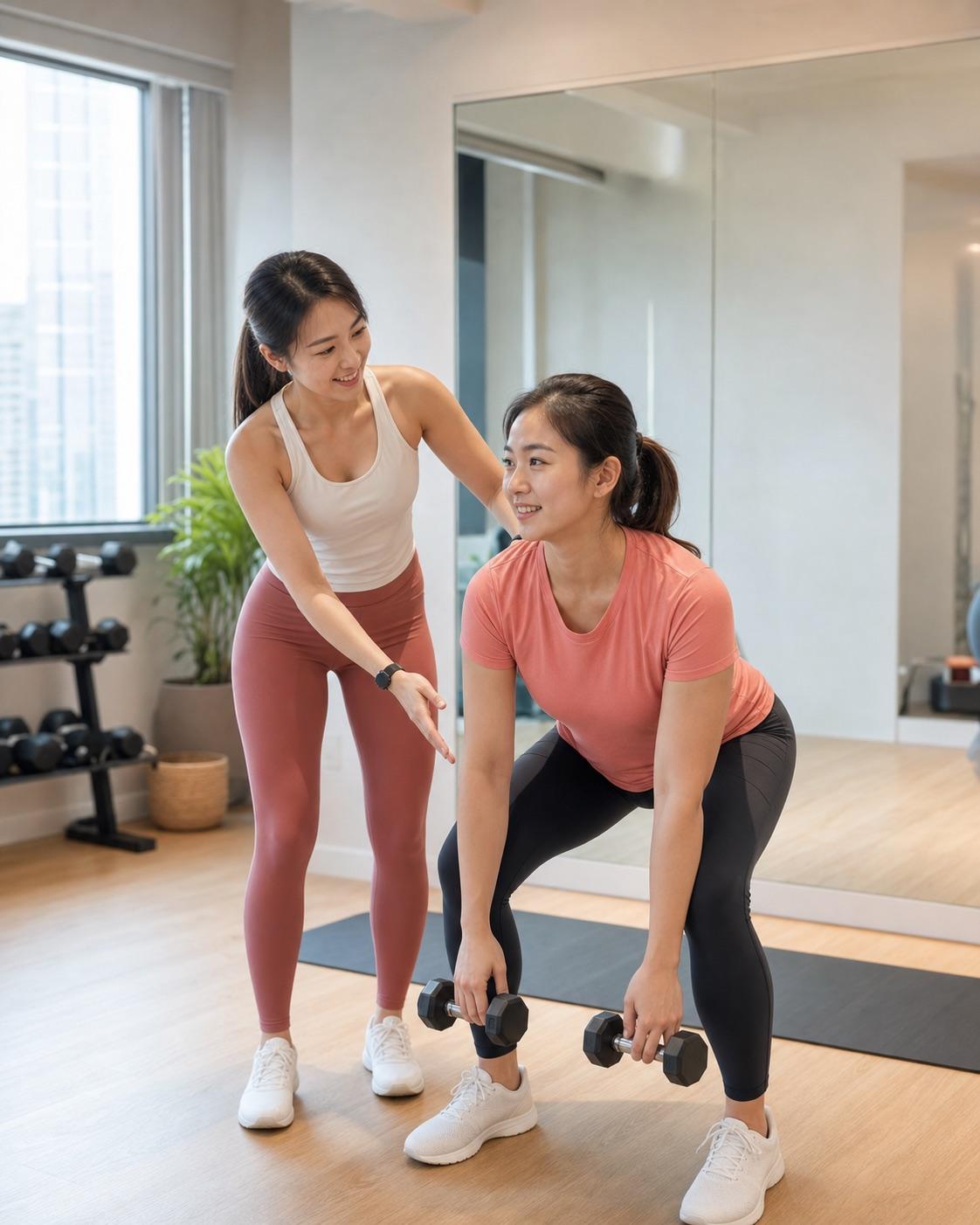 女性私人教練在明亮私人訓練室示範新手友善塑形訓練