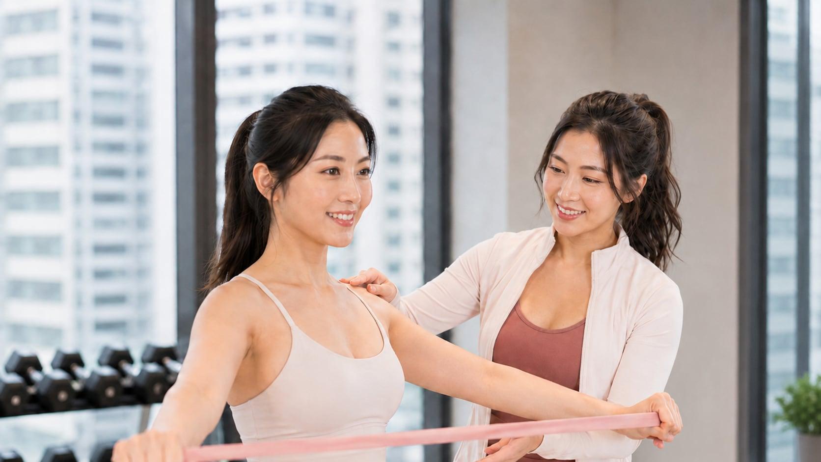 女性教練指導學員進行婚前手臂與背部線條訓練