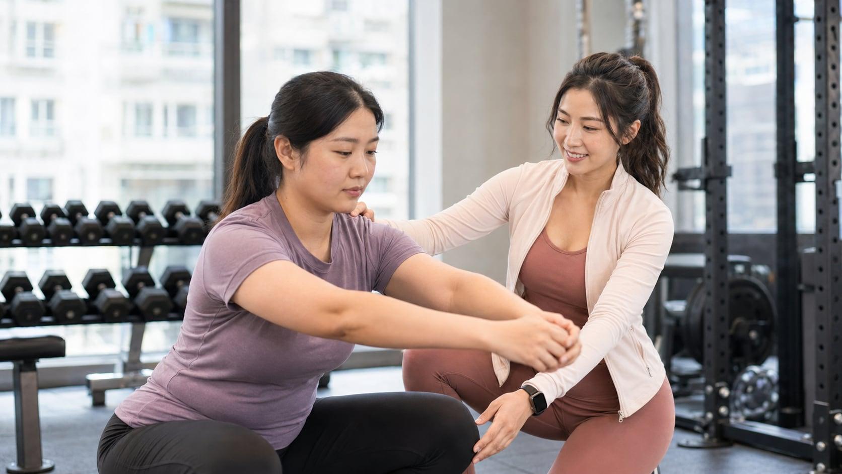女性教練在健身室一對一指導學員進行坐姿動作調整