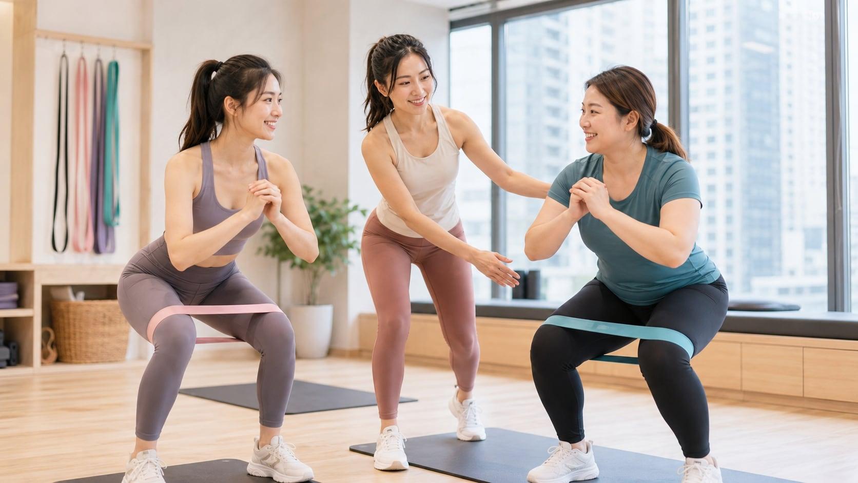 女性教練在明亮私人訓練室指導兩位學員一起做阻力帶深蹲