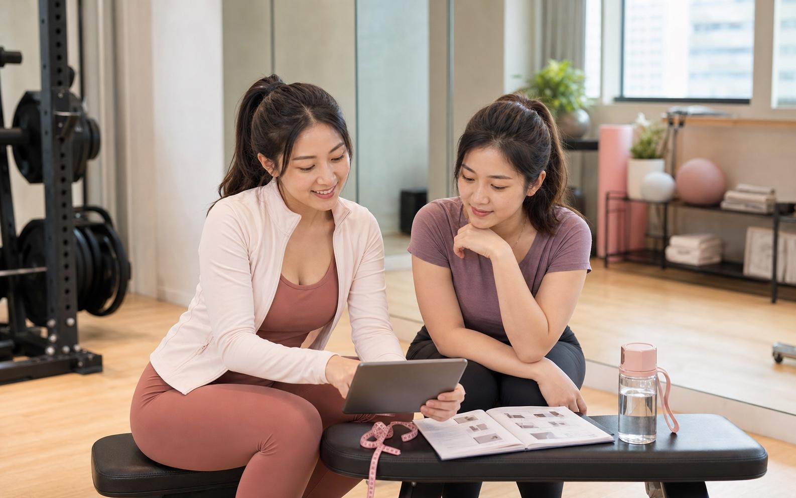 女性教練與學員在上課前後檢視訓練進度